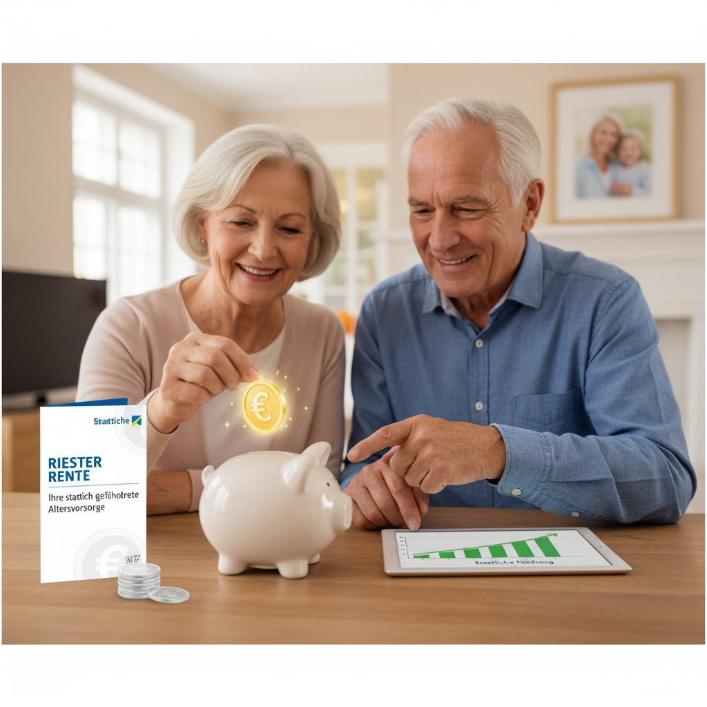 ein älteres Pärchen das Geld in ein Sparschwein tut. Auf dem tisch ist eine Brochüre mit der Aufschrift Rieser Rente