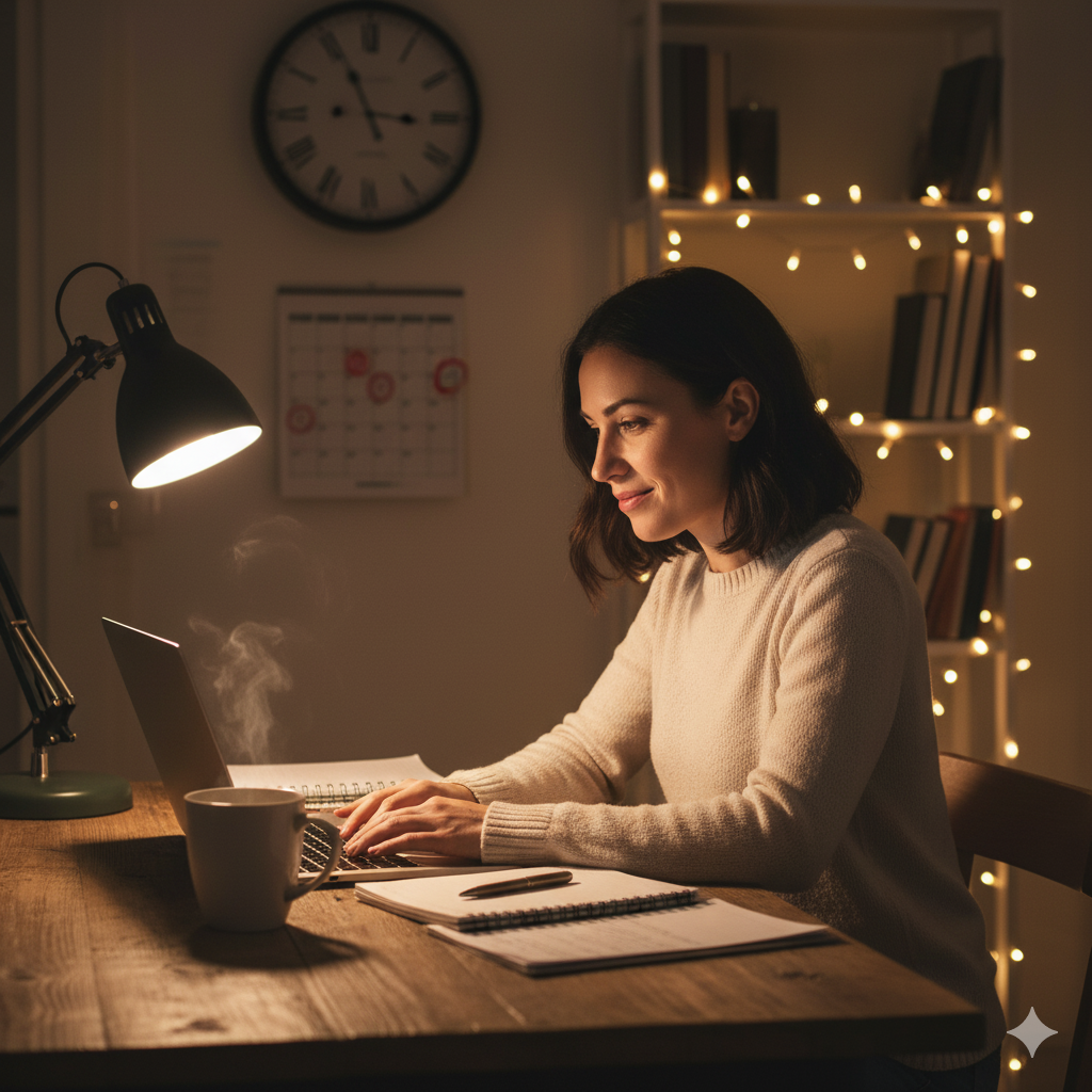 Eine Frau sitzt abends am Schreibtisch und tippt am Laptop. 