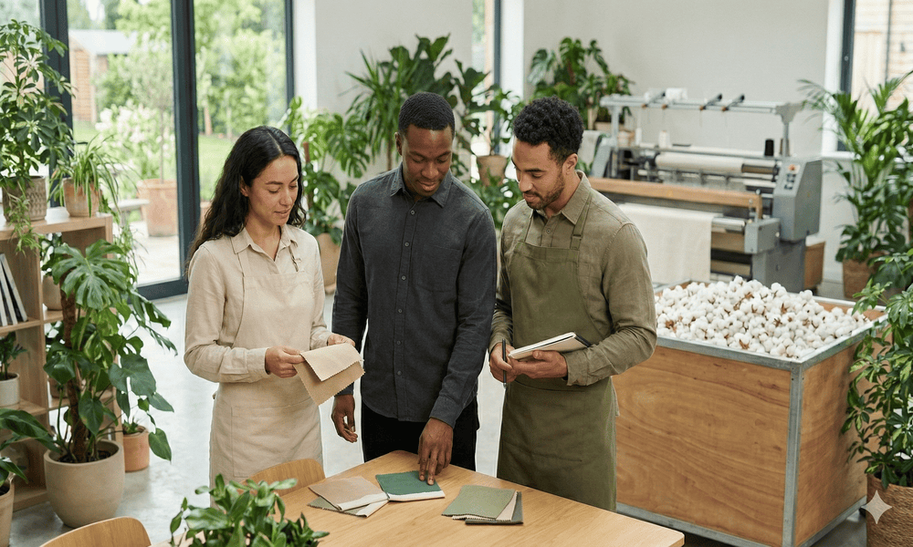 Nachhaltige Arbeitskleidung für die Mitarbeiter: Was Arbeitgeber wissen sollten 1 Mitarbeiter suchen ökologische Baumwollstoffmuster aus. KI-generiertes Bild.
